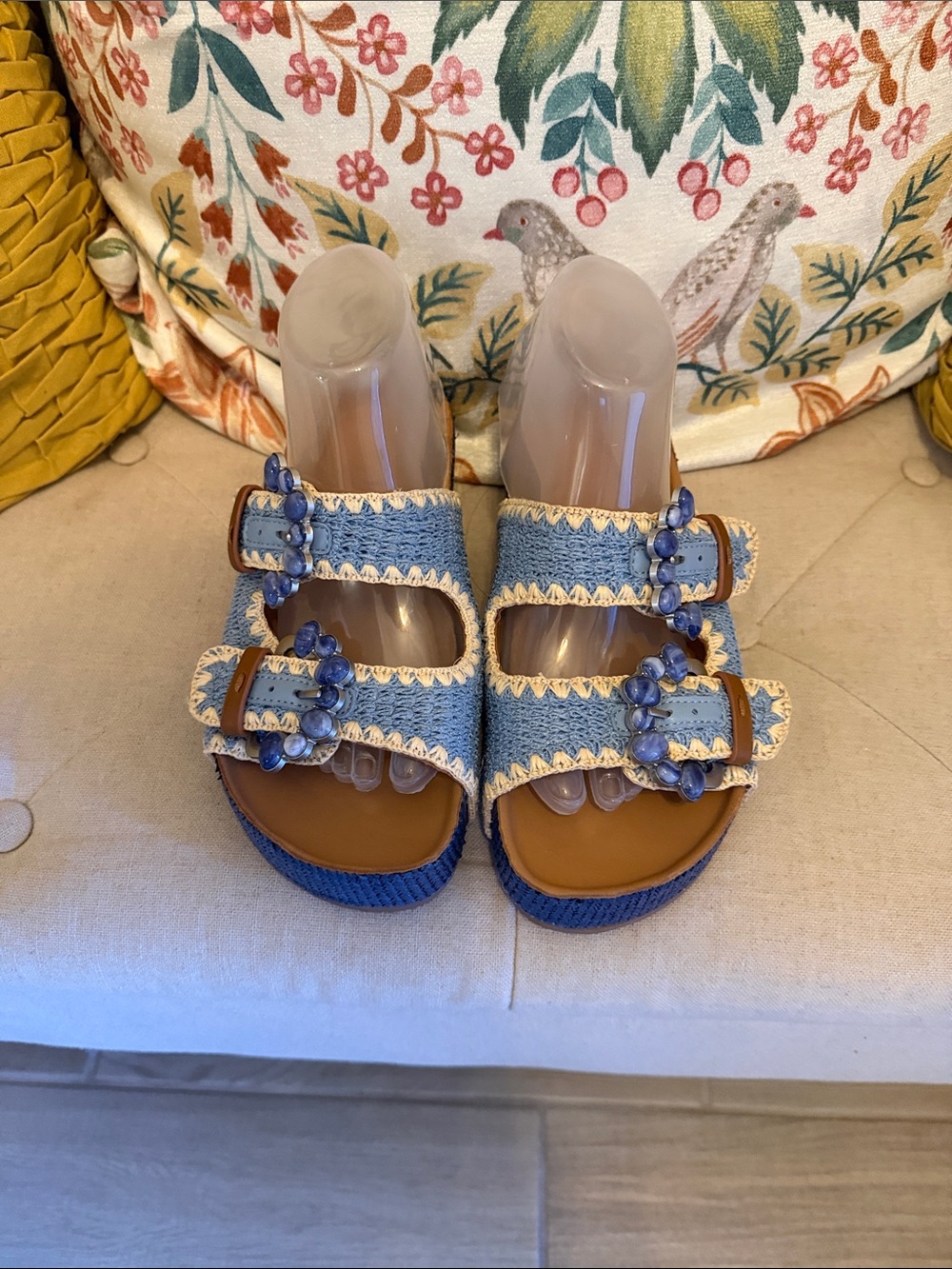 gentle souls Blue Beaded Double-Buckle Sandals